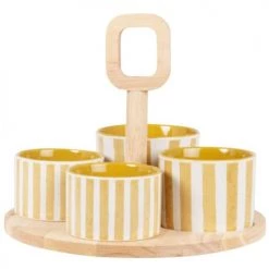 Maisons Du Monde Plats Apéritif Et Accessoires Coupelles Apéritives En Grès Beige Et Jaune Moutarde (x4) Et Plateau En Bois D'hévéa