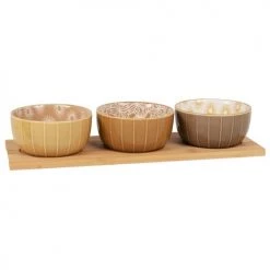 Maisons Du Monde Plats Apéritif Et Accessoires Coupelles Apéritives En Grès Beige, Gris, Marron Et Jaune (x3) Et Plateau En Bambou
