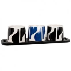 Maisons Du Monde Plats Apéritif Et Accessoires Coupelles Apéritives En Grès Beige Motifs Graphiques Noirs Et Bleu Marine (x3) Et Plateau En Bois D'hévéa