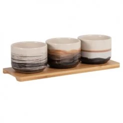 Maisons Du Monde Plats Apéritif Et Accessoires Coupelles Apéritives En Grès Beige, Noir Et Brun Avec Support En Bambou
