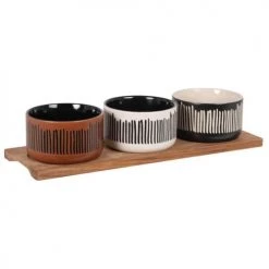 Maisons Du Monde Plats Apéritif Et Accessoires Coupelles Apéritives En Grès Crème, Noir Et Marron Avec Support En Bois D'acacia
