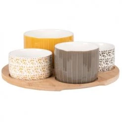 Maisons Du Monde Plats Apéritif Et Accessoires Coupelles Apéritives En Grès Gris, Blanc Et Jaune (x4) Et Plateau En Bambou
