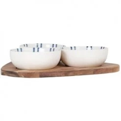 Maisons Du Monde Plats Apéritif Et Accessoires Coupelles Apéritives En Grès Gris Et Bleu Marine (x3) Et Plateau En Bois D'acacia