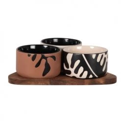 Maisons Du Monde Plats Apéritif Et Accessoires Coupelles Apéritives En Grès Marron, Noir Et Crème (x3) Avec Support En Bambou
