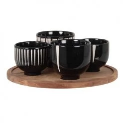 Maisons Du Monde Plats Apéritif Et Accessoires Coupelles Apéritives En Grès Noir Et Crème (x4) Avec Socle En Bois D'acacia