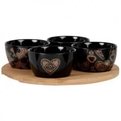 Maisons Du Monde Plats Apéritif Et Accessoires Coupelles Apéritives En Grès Noir Et Doré (x4) Avec Support En Bambou