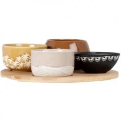 Maisons Du Monde Plats Apéritif Et Accessoires Coupelles Apéritives En Grès Noir Et Marron (x4) Et Plateau En Bambou