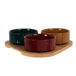 Maisons Du Monde Plats Apéritif Et Accessoires Coupelles Apéritives En Grès Rouge, Jaune Et Vert (x3) Et Support En Bambou