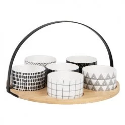 Maisons Du Monde Plats Apéritif Et Accessoires Coupelles Apéritives En Porcelaine Noire Et Blanche (x6) Et Plateau En Bambou