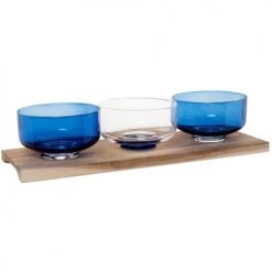 Maisons Du Monde Plats Apéritif Et Accessoires Coupelles Apéritives En Verre Bleu Et Blanc (x3) Et Plateau En Bois D'acacia