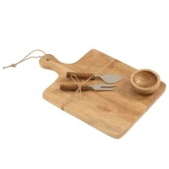 LANADECO Découpe Planche à Fromage + Couteau + Bol Bois De Manguier 38x24cm