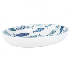 Maisons Du Monde Plats, Saladiers Et Coupelles Plat Ovale En Faïence Blanche Motifs Poissons Bleus
