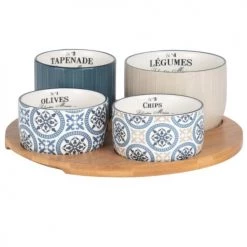 Maisons Du Monde Plats Apéritif Et Accessoires Plateau Apéritif En Bambou 4 Bols En Faïence Bleue, Beige Et Blanche à Motifs