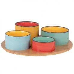 Maisons Du Monde Plats Apéritif Et Accessoires Plateau Apéritif En Bambou 4 Coupelles En Faïence Colorée